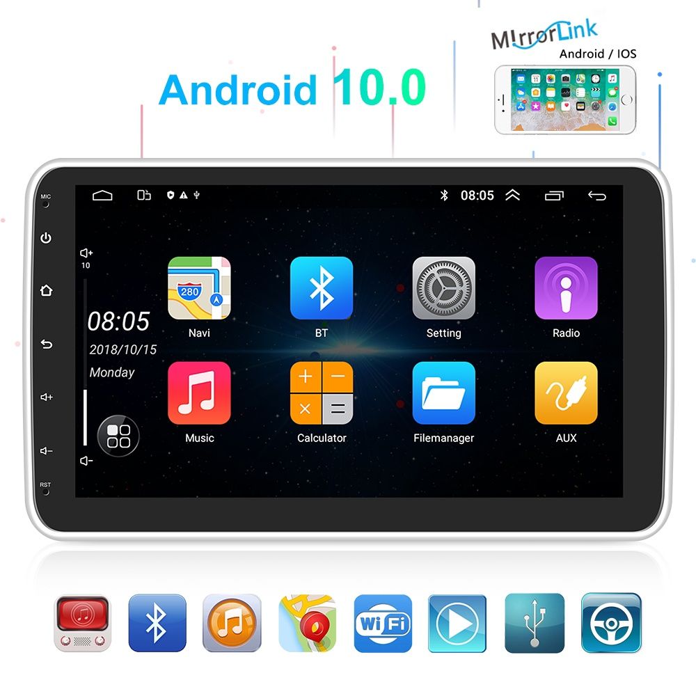 Rádio 1din android 10 rotativo 10 polegadas GPS WiFi RDS Mirrorlink