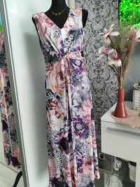 Sukienka  w kwiaty elegancka midi maxi  dekold V, róż liliowy fioletow