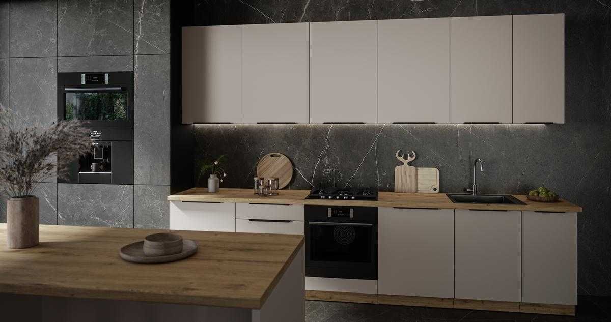 Zestaw mebli modułowych, Kuchnia SOLEA Kaszmir / Dąb Artisan 310x180cm