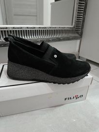 Buty skórzane Filippo 36 zamsz na koturnie brokat