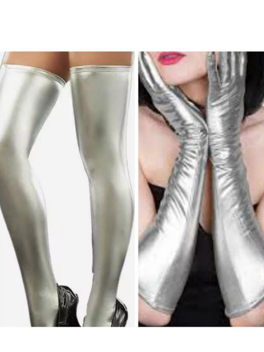 Новые аксессуары, серебро, латексные, размер М -Л , чулки+ перчатки