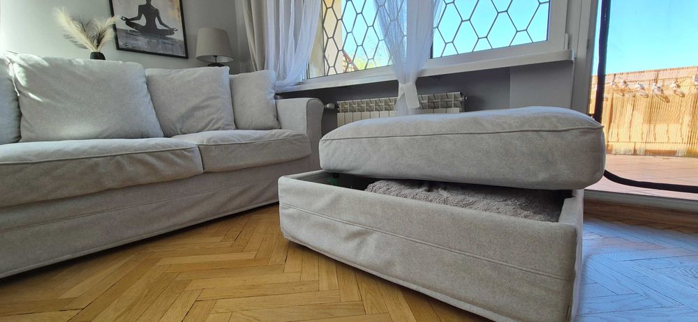 IKEA GRÖNLID sofa + pufa ze schowkiem + 3 komplety pokrowców –jak nowa