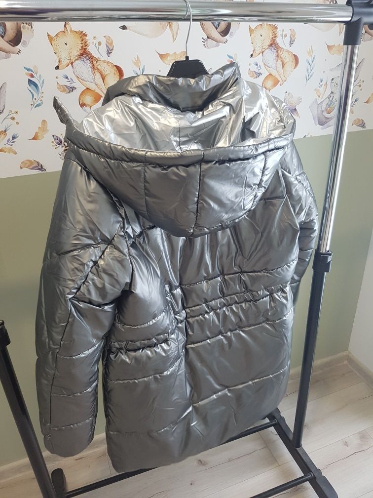 Srebrna kurtka/płaszczyk, zimowa XL (może być ciążowa)