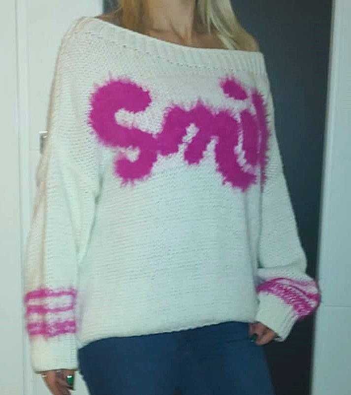sweter biały z wełną 42/44 /róż napis/M*Nouu oversize XL/XXL