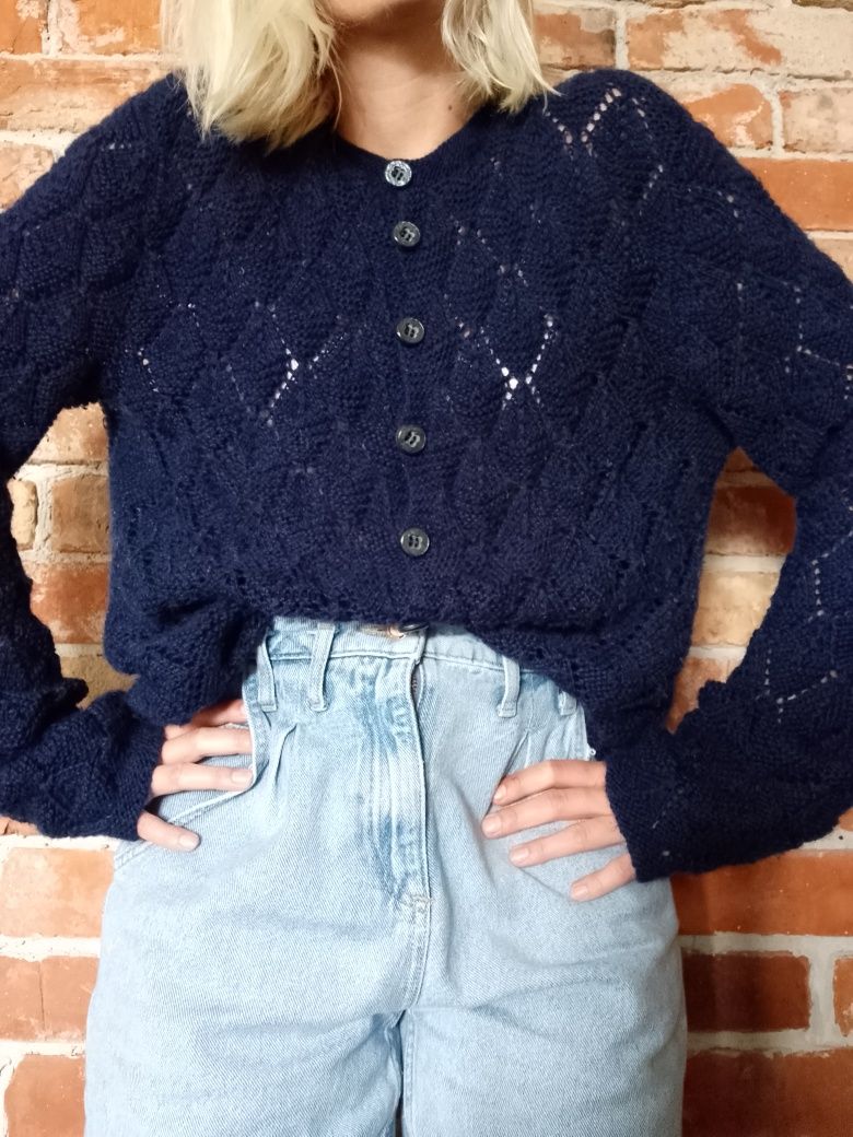 Granatowy ażurowy kardigan sweter oversize 100% wełna handmade