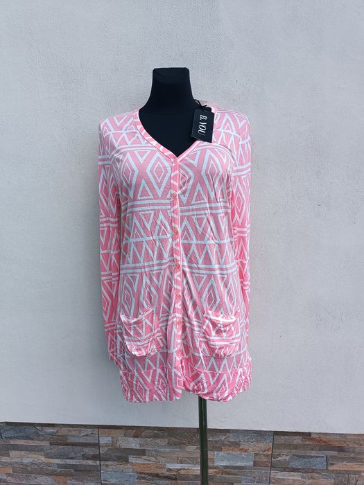 Długi kardigan sweter cienki letni biało różowy b. You