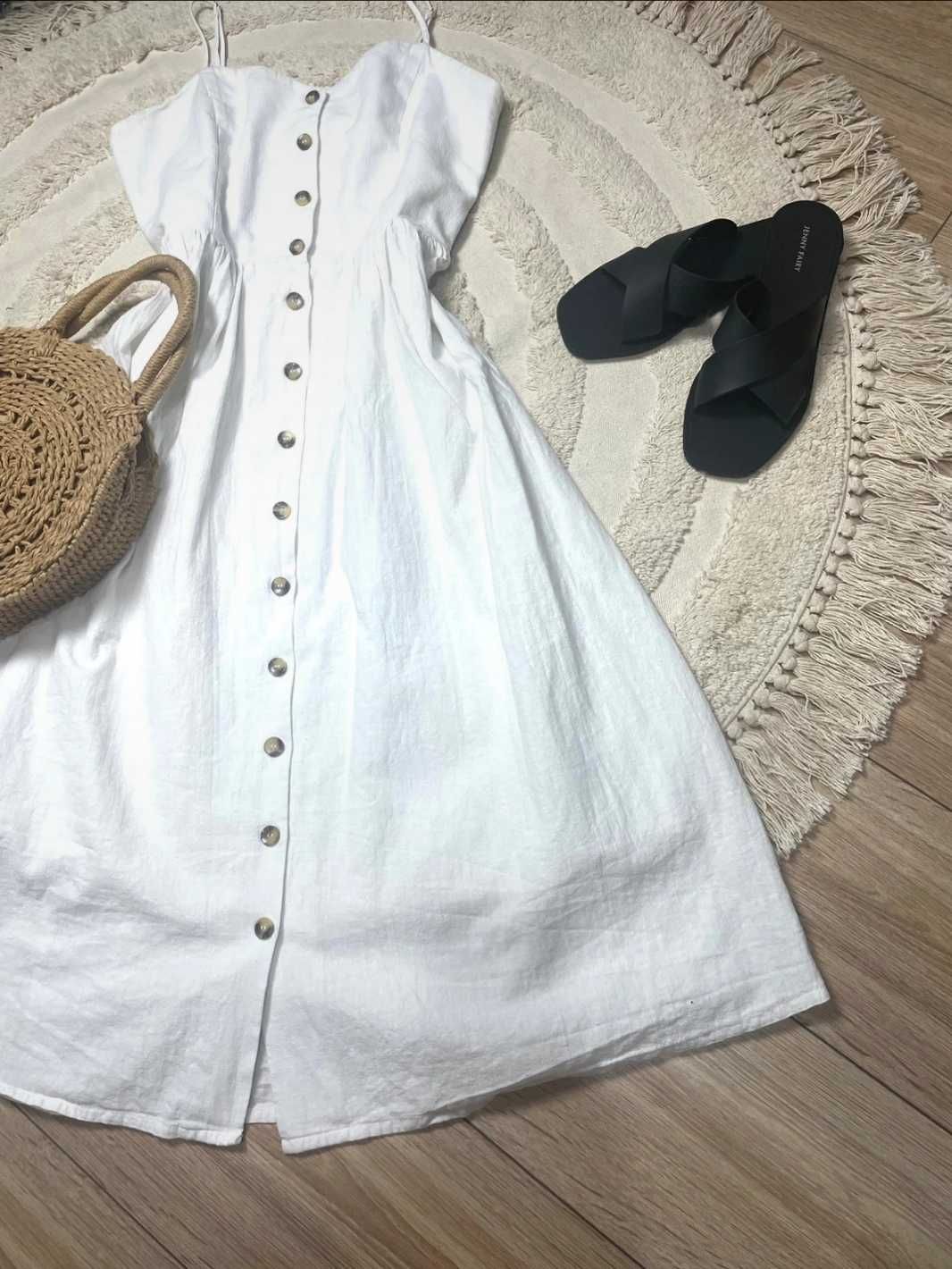 H&M dluga biala midi sukienka lniana na lato len bawelna