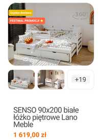 Niskie białe łóżko piętrowe SENSO 90x200 + materace