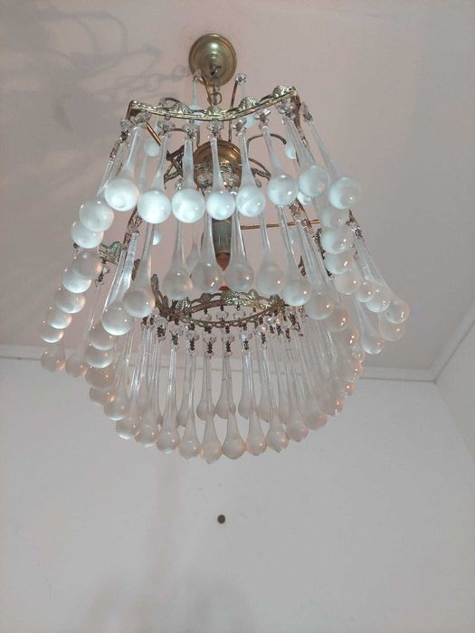 Candeeiro antigo de Tecto em Latão com Pingentes em Vidro