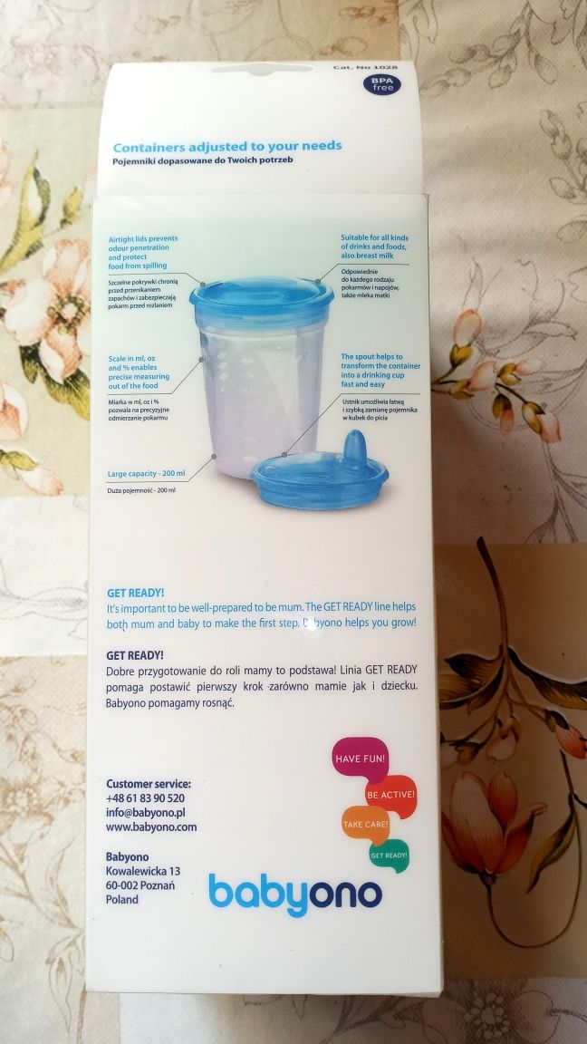 Komplet czterech pojemników z ustnikiem do mrożenia pokarmu Babyono