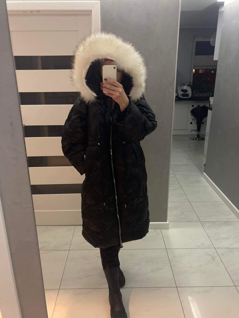 Płaszcz z futrem lisem naturalnym biust 124 rozm XL  2xl olalaX