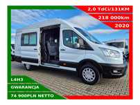 Ford transit L4H3 *74900zł NETTO* Brygadówka 6 osób 2,0TdCi/131KM  Duża Navi, AndroidAuto, AppleCarPlay, Klima, Tempomat, Czujniki