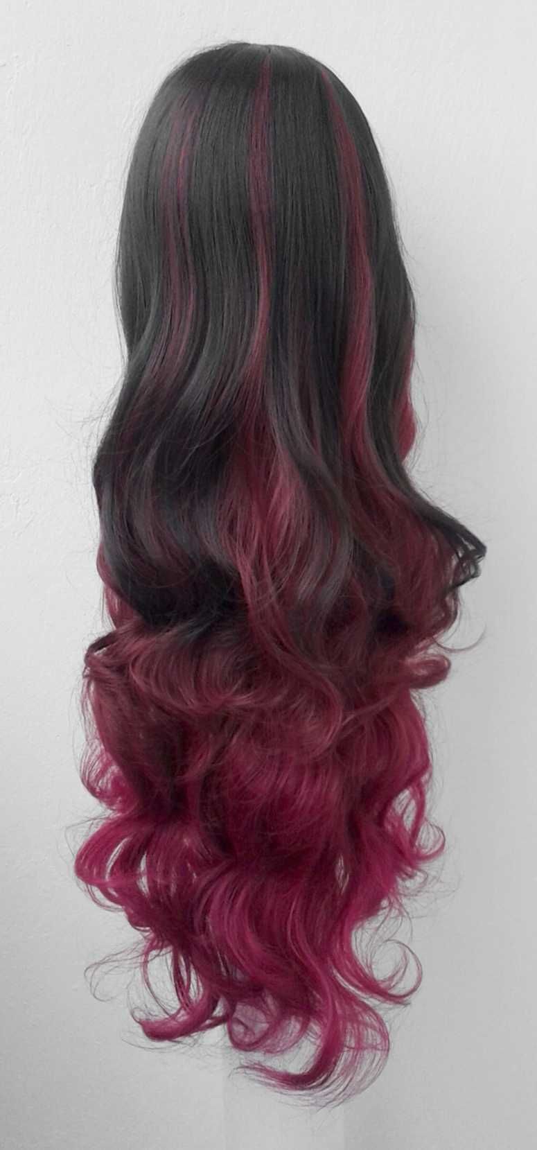 Czarna różowa ombre peruka falowana gradient z grzywką cosplay wig