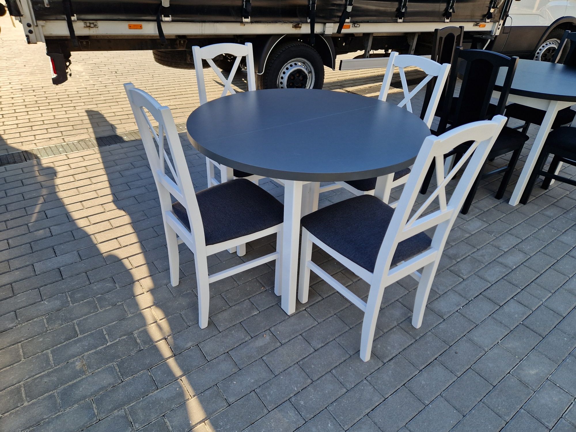 Nowe: Stół okrągły + 4 krzesła, bialy / blat grafit + grafit ( krzyż )