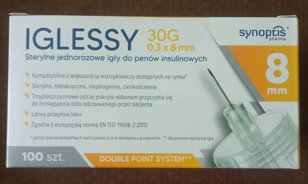 Sterylne, jednorazowe igły do penów insulinowych - 03 x 8 mm, 100 sztu