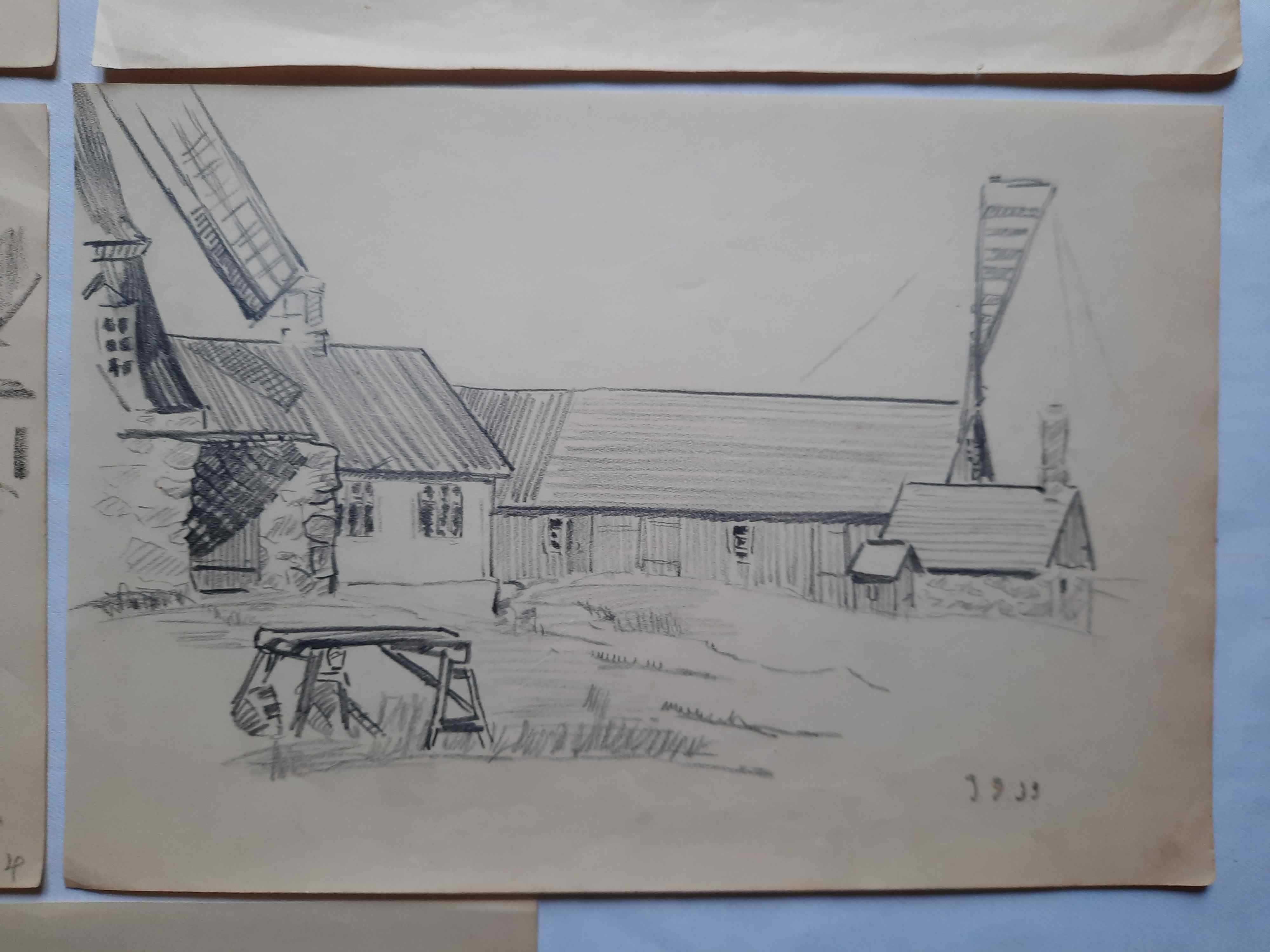 Wioska rybacka Stare przedwojenne rysunki 1933/1934 Zestaw 5 sztuk