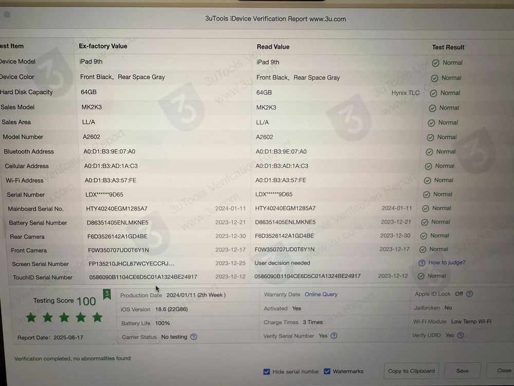 Apple iPad 9th 64gb Gray 100%