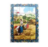 Quadro Azulejos Paisagens Alentejanas Moinho Carro Bois Apanha Cereais