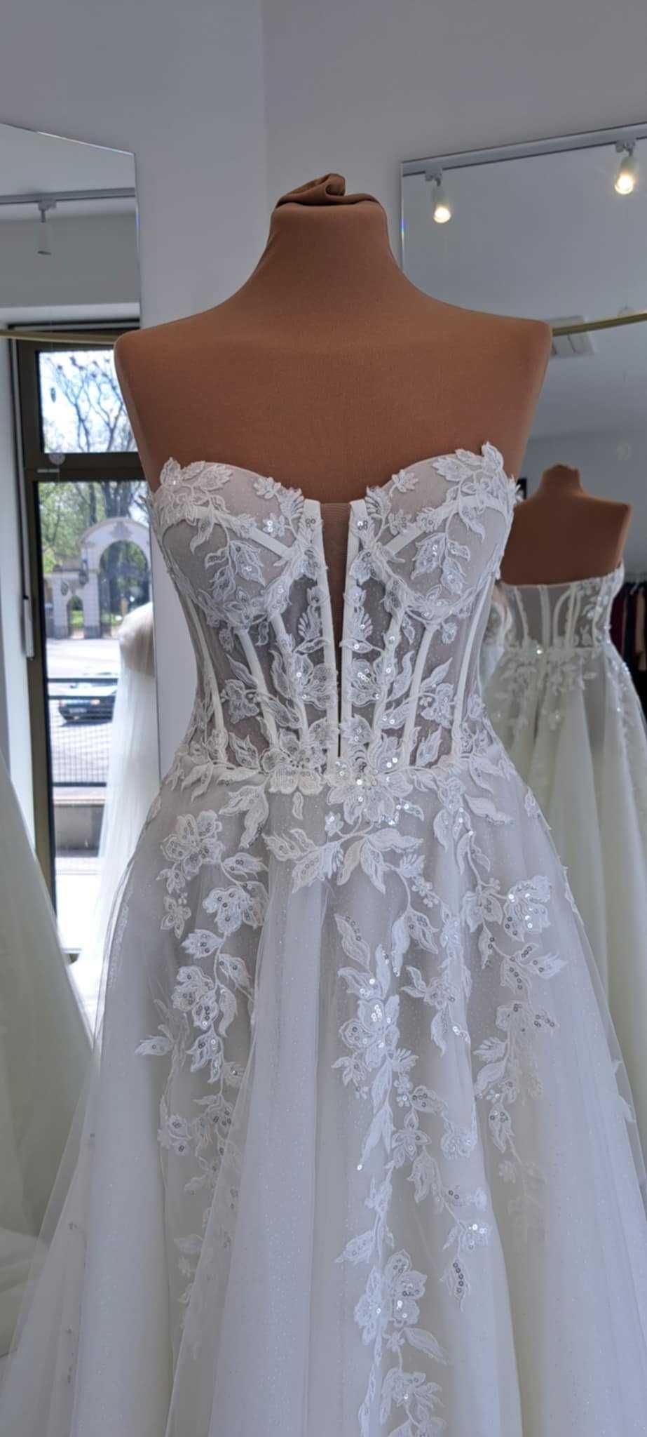 Nowa suknia gorsetowa kwiaty ivory roz. 36 38 40