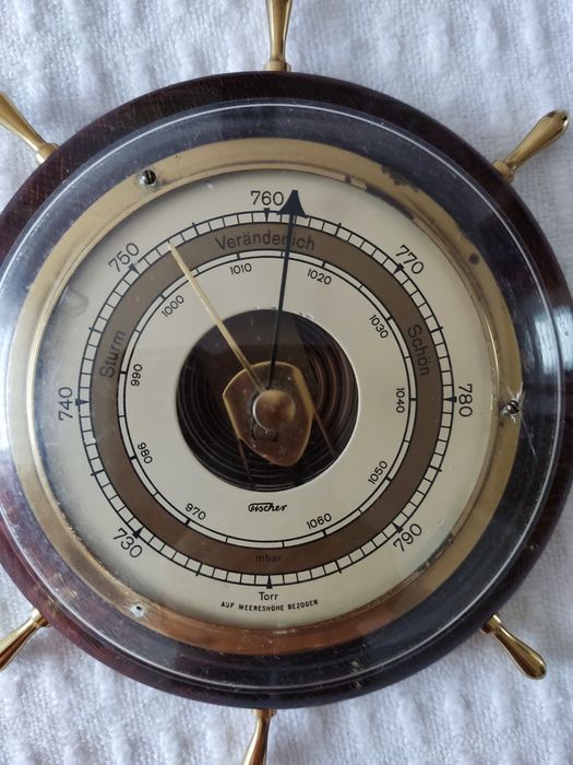 UNIKAT Barometr koło sterowe mosiądz mahoń jacht FISCHER NIEMCY