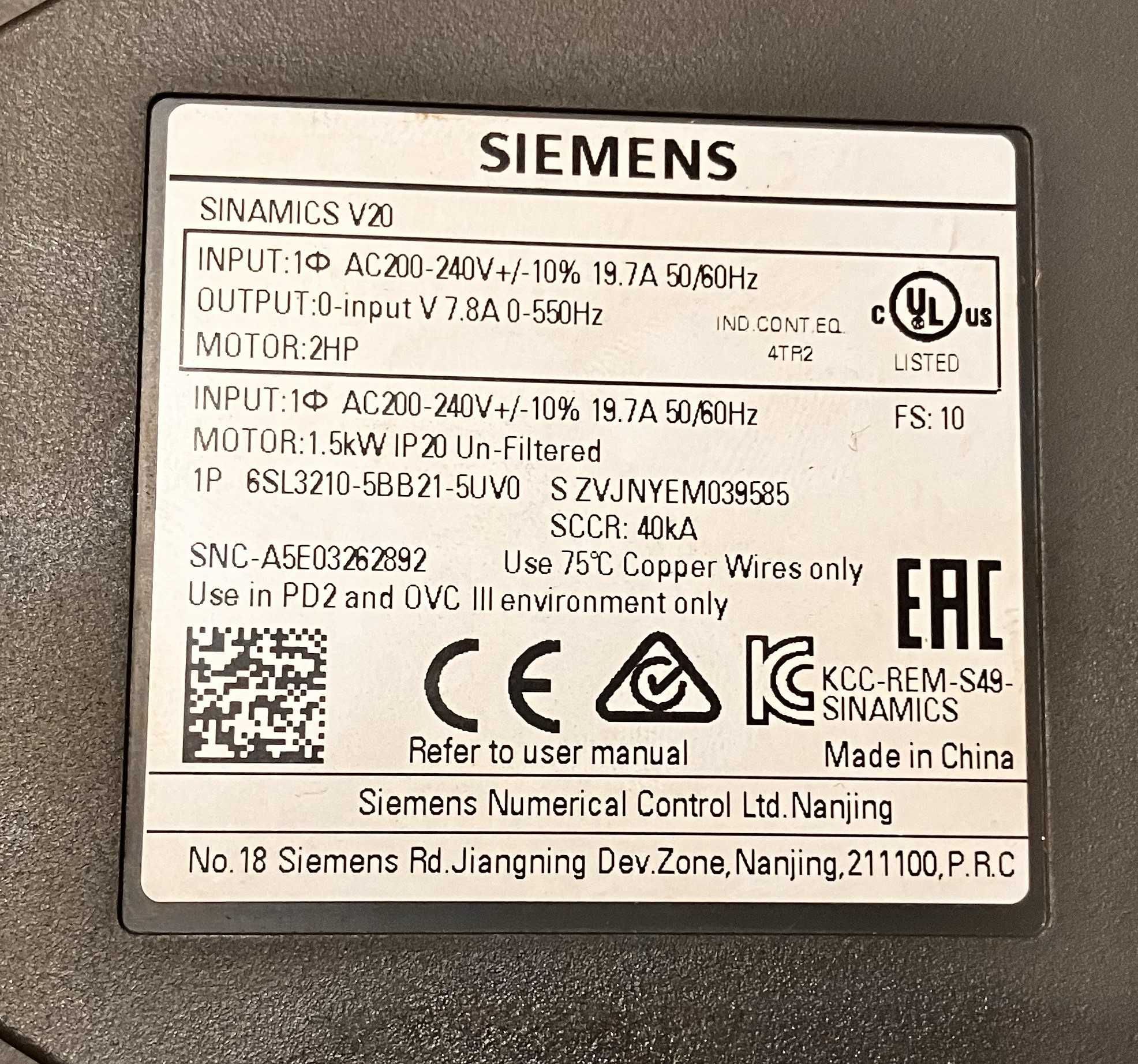 Falownik jednofazowy Siemens 1,5 kW 7,8 A 6SL3210-5BB21-5UV0