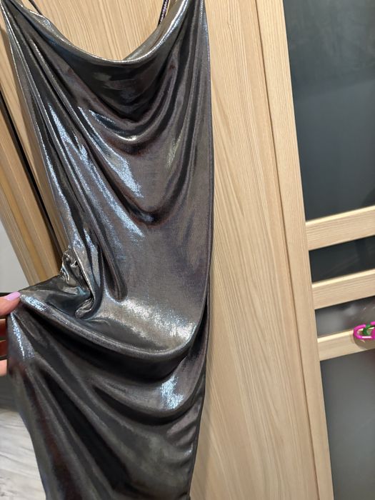 Srebrna wieczorowa włoska sukienka marszczenia ściągacz 38/40/42