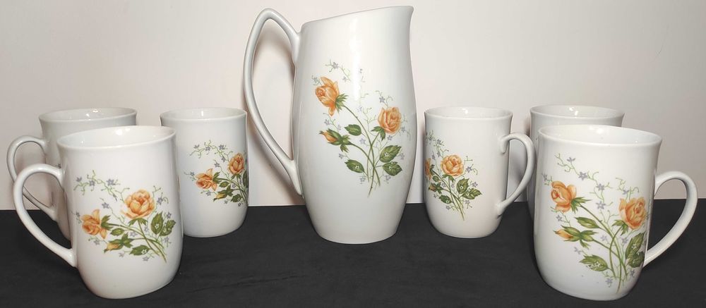 Unikalny wzór! Fajans Porcelana Chodzież. Dzbanek 6x kubki PRL vintage