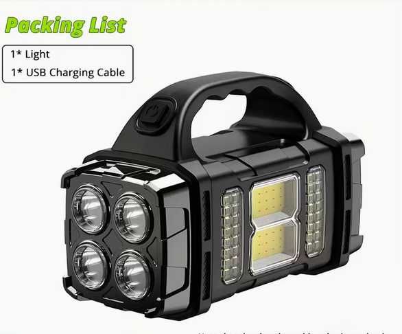 Solarna, ładowalna lampa ręczna, jasny reflektor LED i COB, 4 tryby