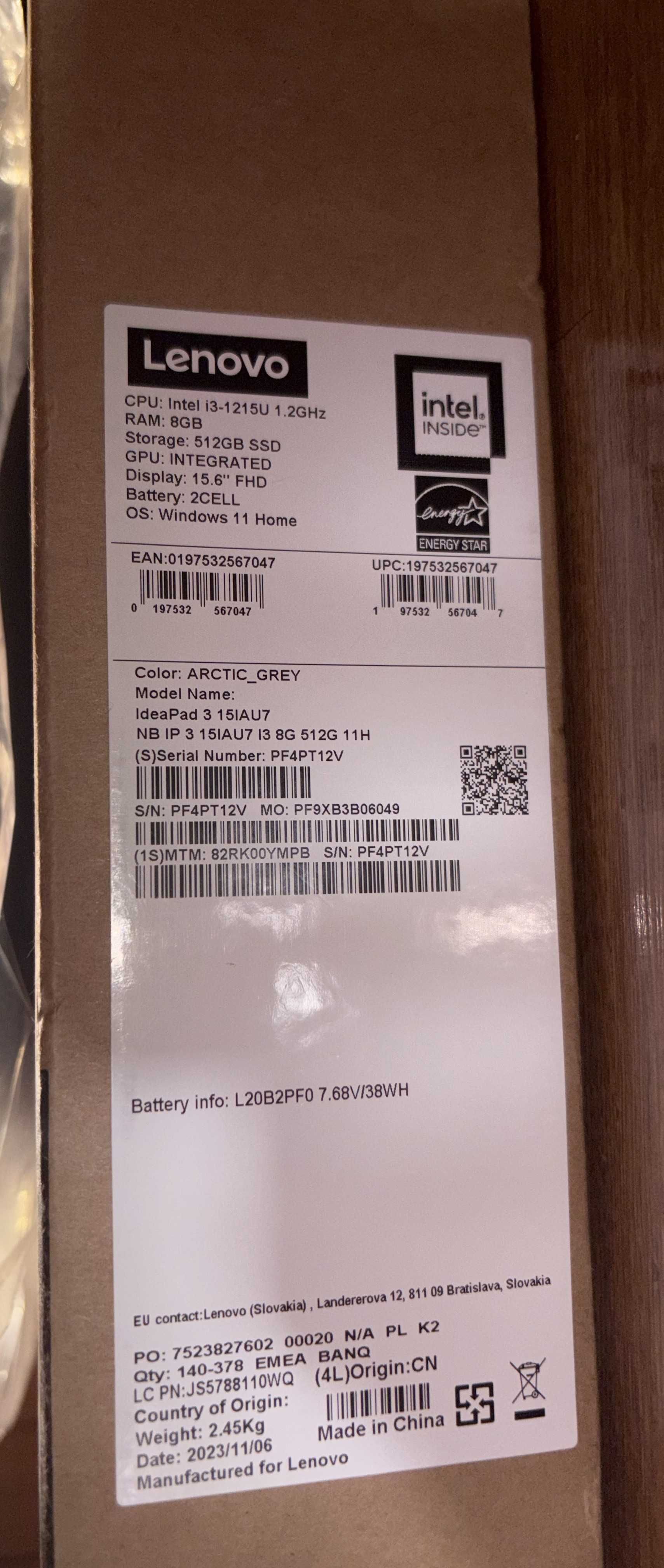 NIEUŻYWANY Laptop LENOVO IdeaPad 3 15IAU7, 15,6" Core-i3, 8/512, W11