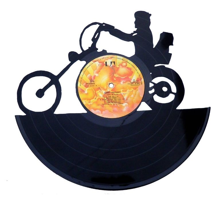 Silhueta decorativa Motard Mota feita de um disco de vinil LP