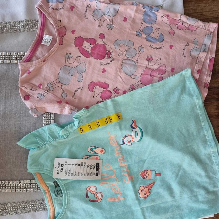 Zestaw ubrań r. 122 dziewczynka lato letnie bluzki T-shirt sukienka