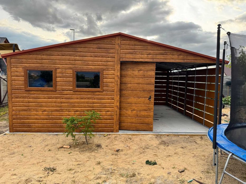 Garaż blaszany 6x5.8m z wiatą, Mulitgloss + wiśnia, profil ocynk
