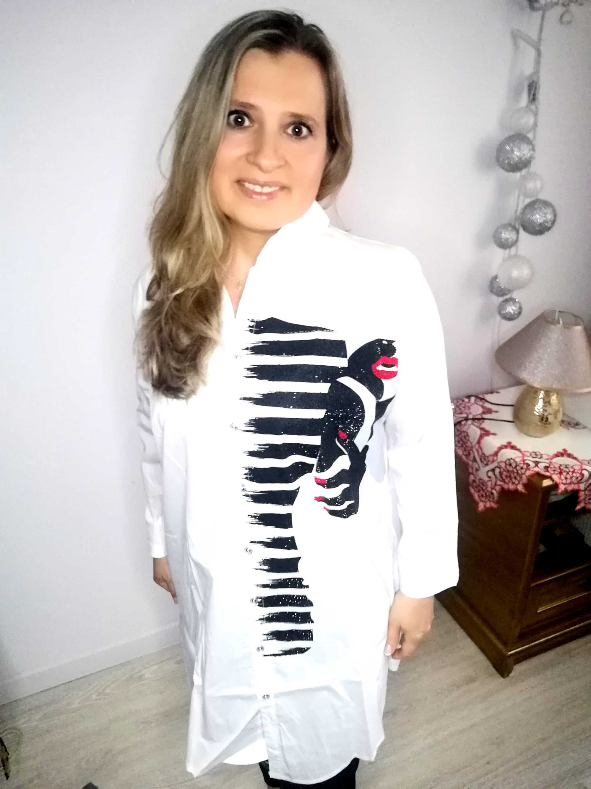 Wikiland 42 XL Biała  Koszula * Czarne Cyrkonie *