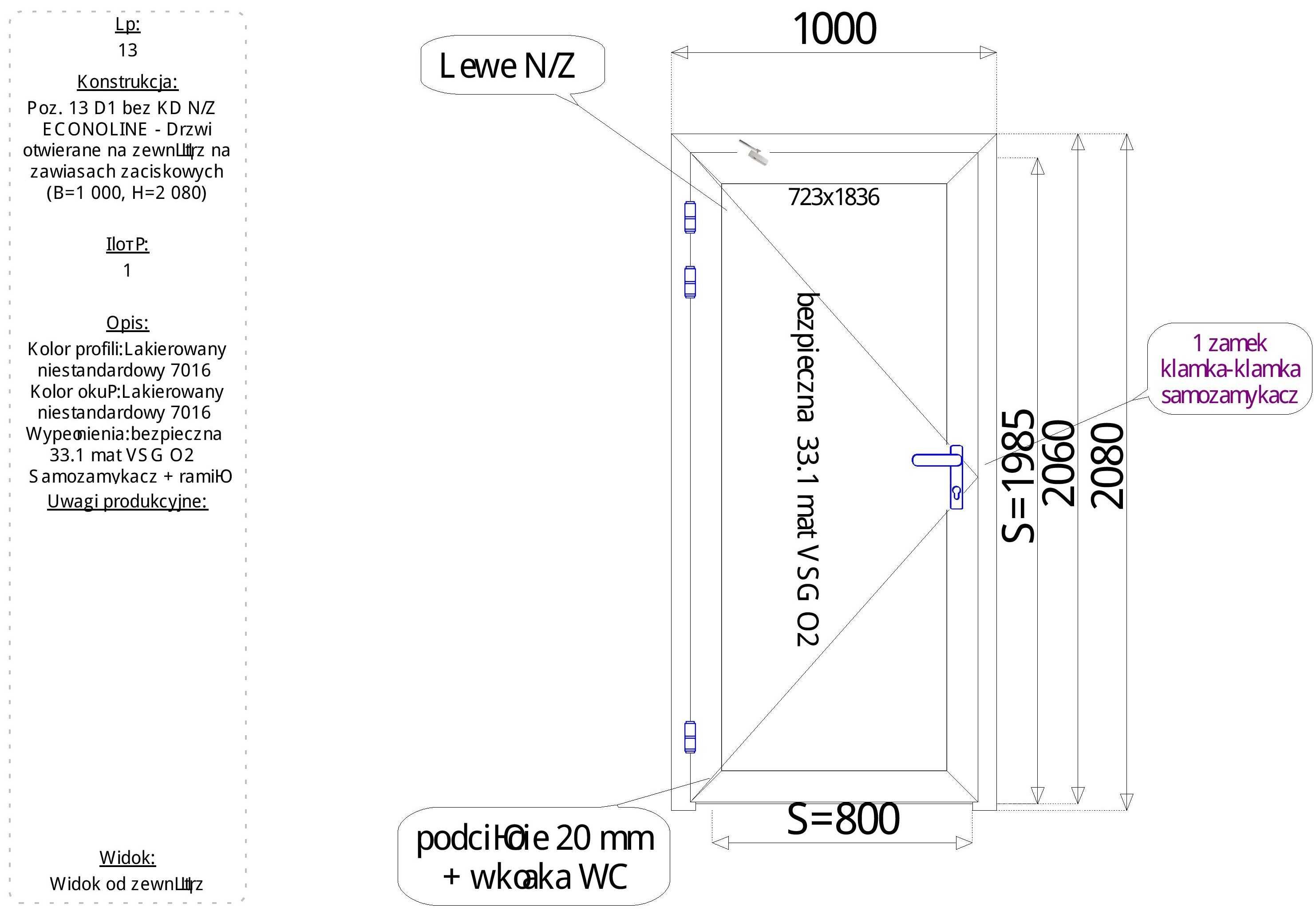 Drzwi Al 900x2005mm (1100x2080mm),RAL7016 szary, L i P, NOWE