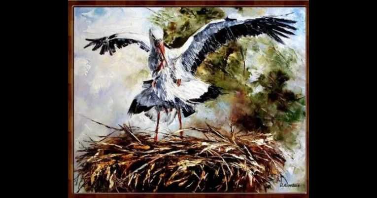 Kowalik - Bociany - 50x40cm Obraz Olejny Bocian Natura