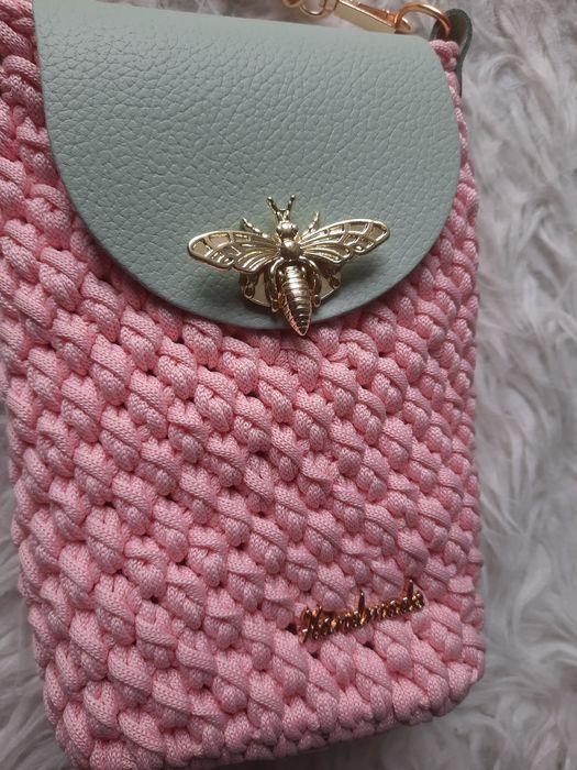 Mini torebka etui na telefon handmade jasny róż pistacja pszczoła łańc