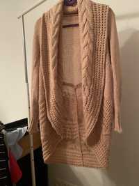 Sweter oversize XL ciepły morelowy pudrowy róż kardigan długi narzutka