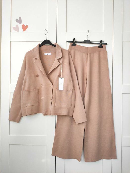 Elegancki zestaw sweterkowy sweter dzianina garnitur wide leg M L