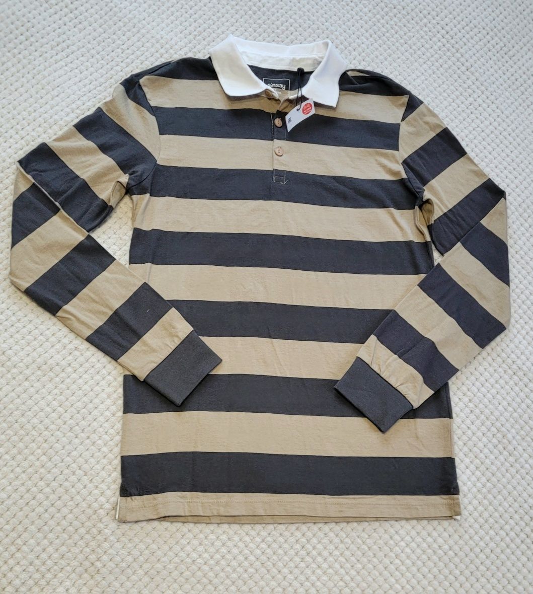 Nowa bluzka męska na długi rękaw longsleeve w paski z kołnierzykiem