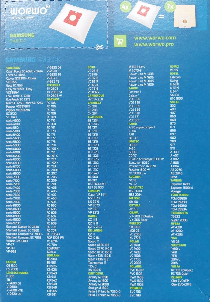 Worki do odkurzacza samsung SMB01K