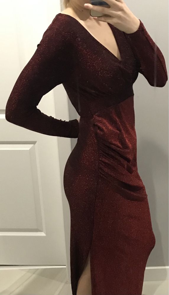 Bordowa brokatowa sukienka maxi ciazowa