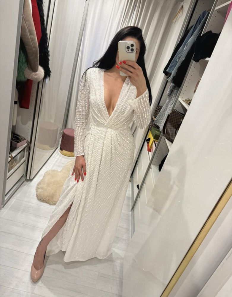 Cekinowa Suknia Sukienka Asos Bridal Rozporek Dekolt Cudo XS