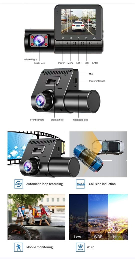 3 Câmeras, de Condução e Estacionamento 1080P  DVR Visão noturna infr