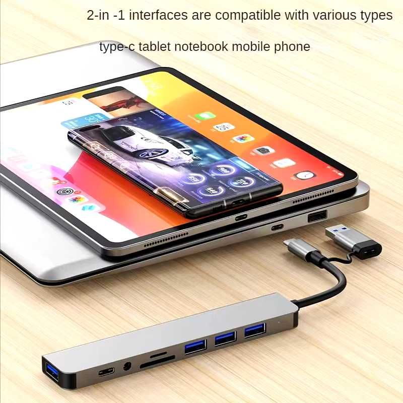 Адаптер 8 в 2 Usb type c Hub macbook card reader SD TF USB A