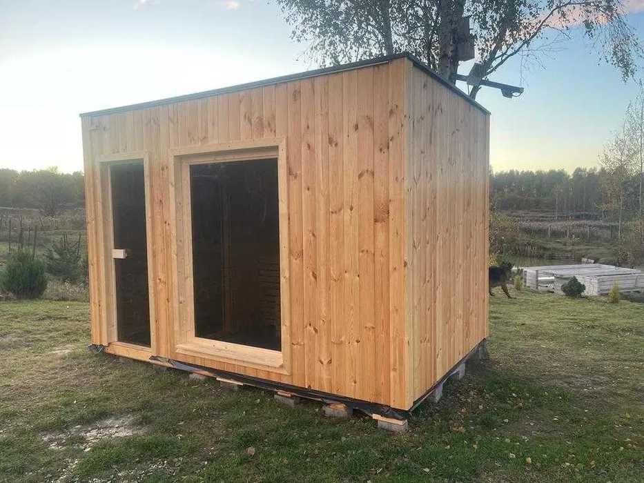sauna ogrodowa drewniana, wolnostojąca, nowoczesna 3,2x2,2m