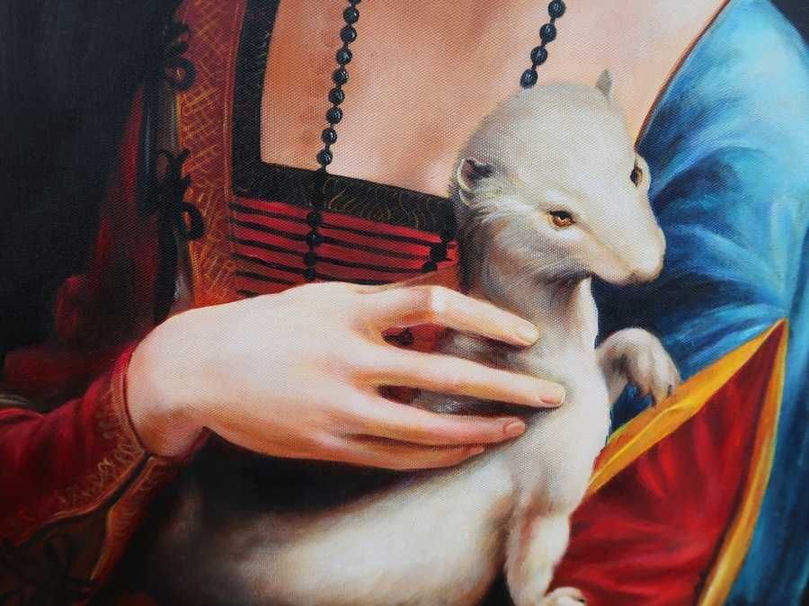 Obraz malowany L. DA VINCI DAMA Z GRONOSTAJEM z łasiczką rama złota