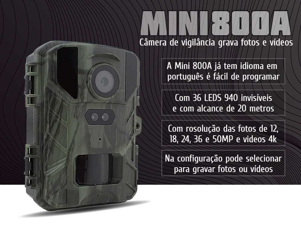 Câmera caça e vigilância Mini 800A LEDs negros de 50MP e vídeos 4K