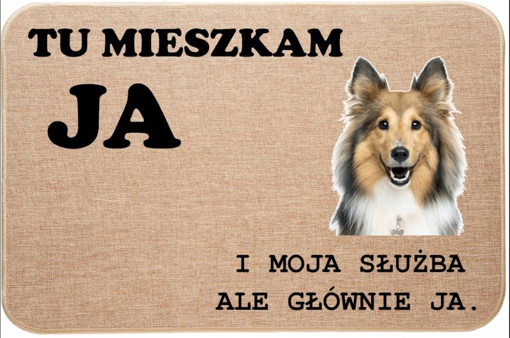 lniana wycieraczka wejściowa tu mieszkam ja collie lessie pies prezent