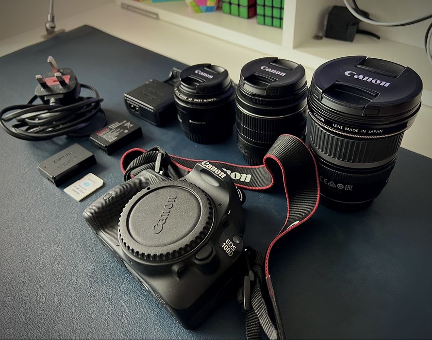 Canon 100D + 3 objectivas + 2 Baterias + carregador + SD card