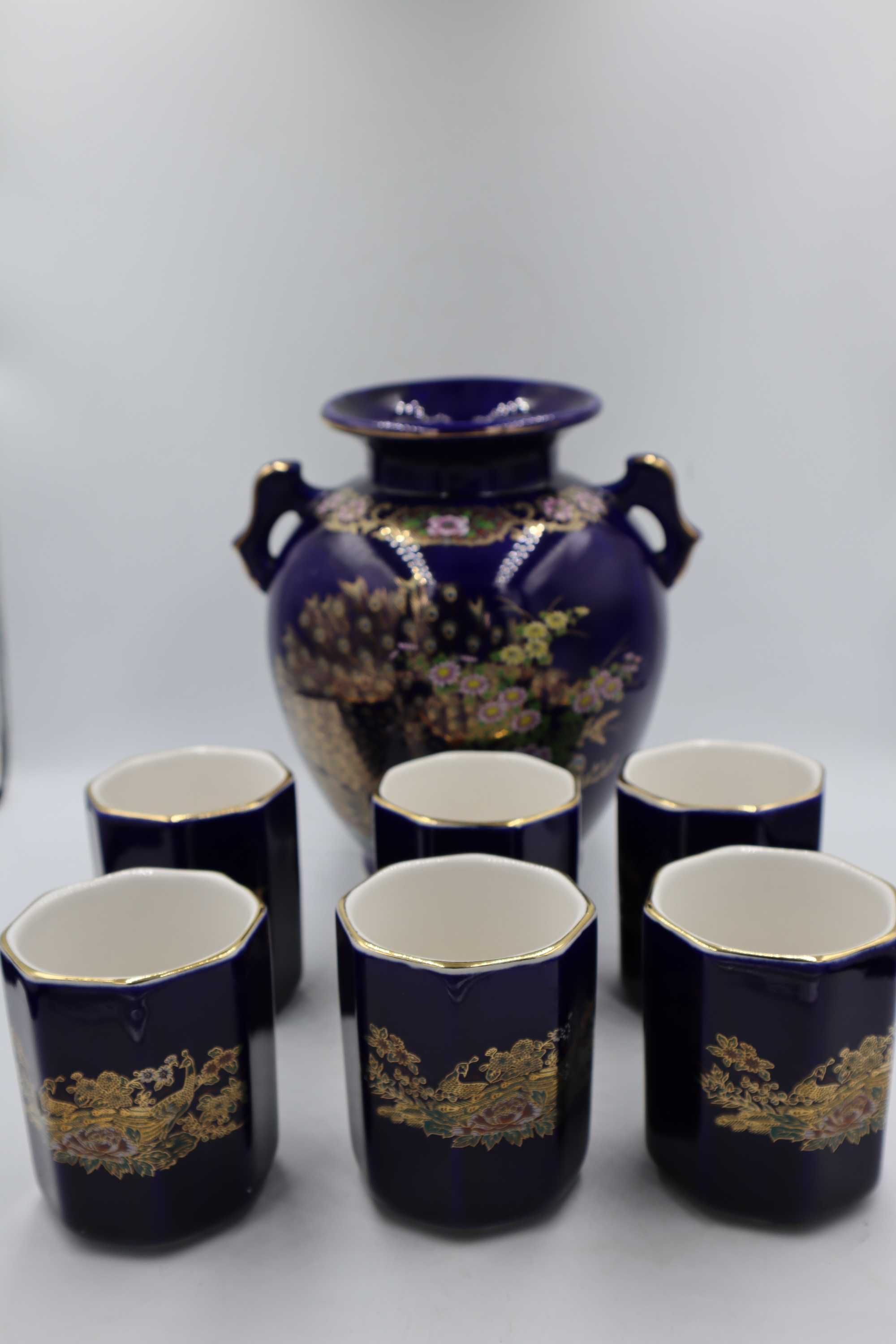 Kobaltowy niebieski wazon z bażantem + czarki ceramika Japonia b042212
